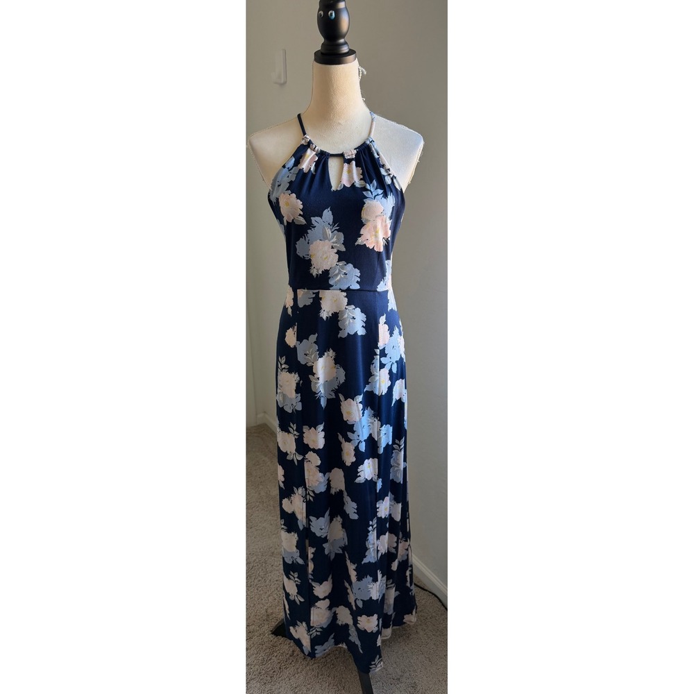 Candie's Navy Blue Floral  Halter Keyhole 2 Slit Maxi Dress Medium